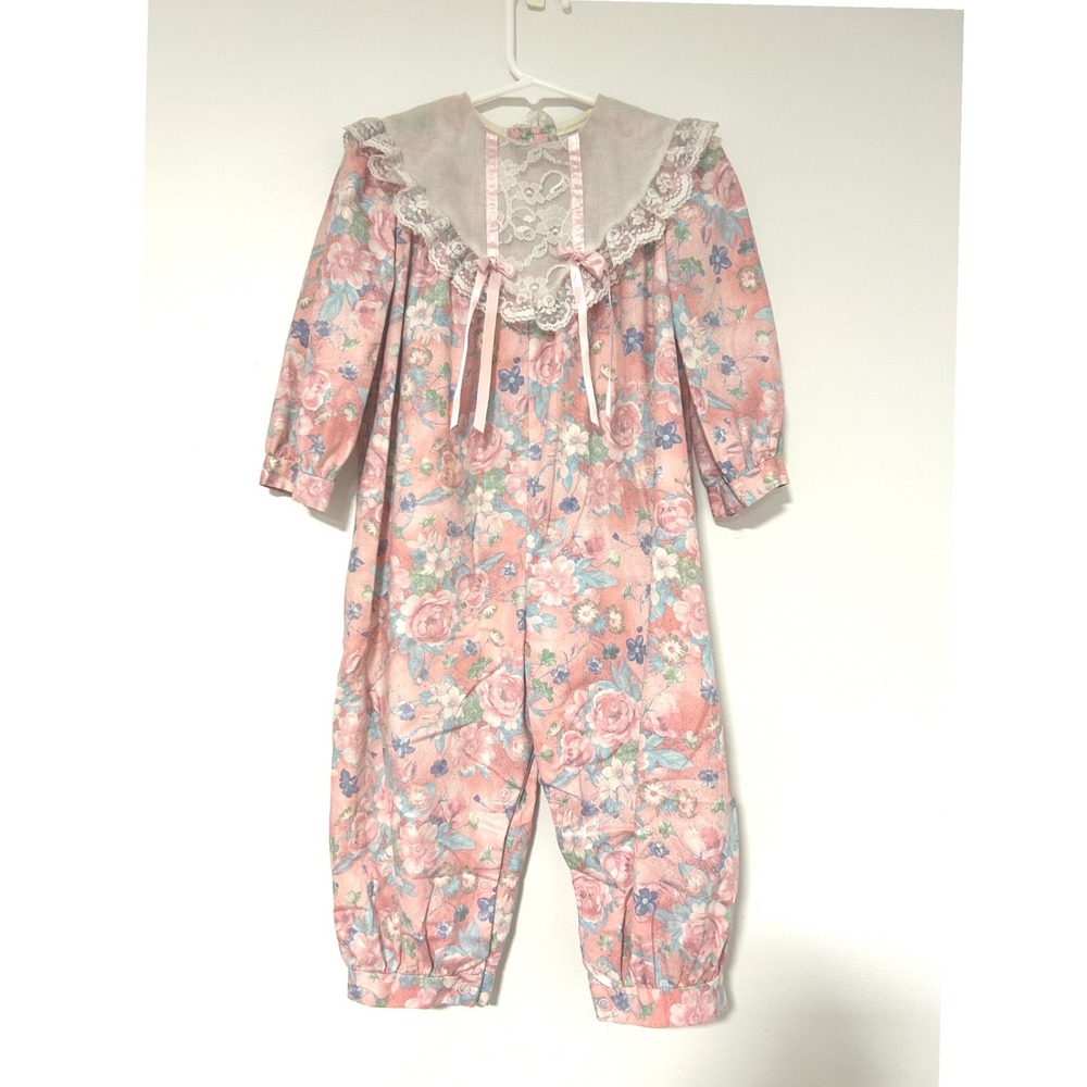 Rare Editions Vintage Girls Floral Jumpsuit Pink Lace Bib‎ Collar Ribbon Bows